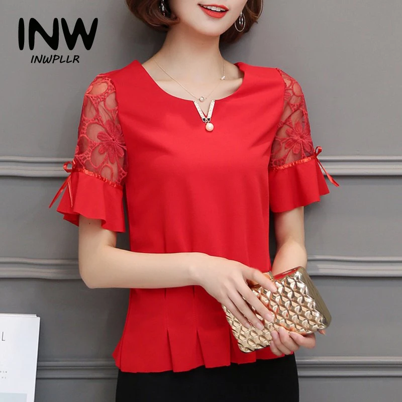 Blusa Elegante de Encaje de Flores de Gasa Blusas 2017 Estilo Del Verano Camisas de Las Mujeres El Tamaño Tops Blusa Roja de la Mujer|plus size tops|chiffon blouseblouses plus -