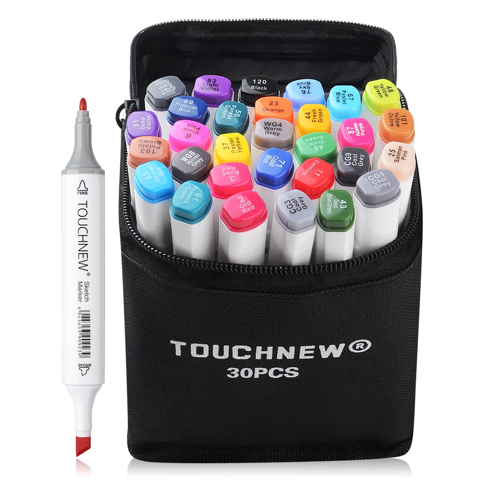 

TOUCHNEW Sketch Marker Pen 30 Colors Set Dual Headed Alcohol Art Markers Standard Design Model White Body + Carry Bag