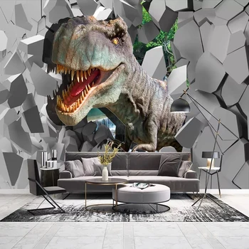 

3D Stereo Lifelike Broken Wall Dinosaur Mural Wallpaper Cartoon Kids Bedroom Self-Adhesive Waterproof Canvas Photo Wall Paper 3D