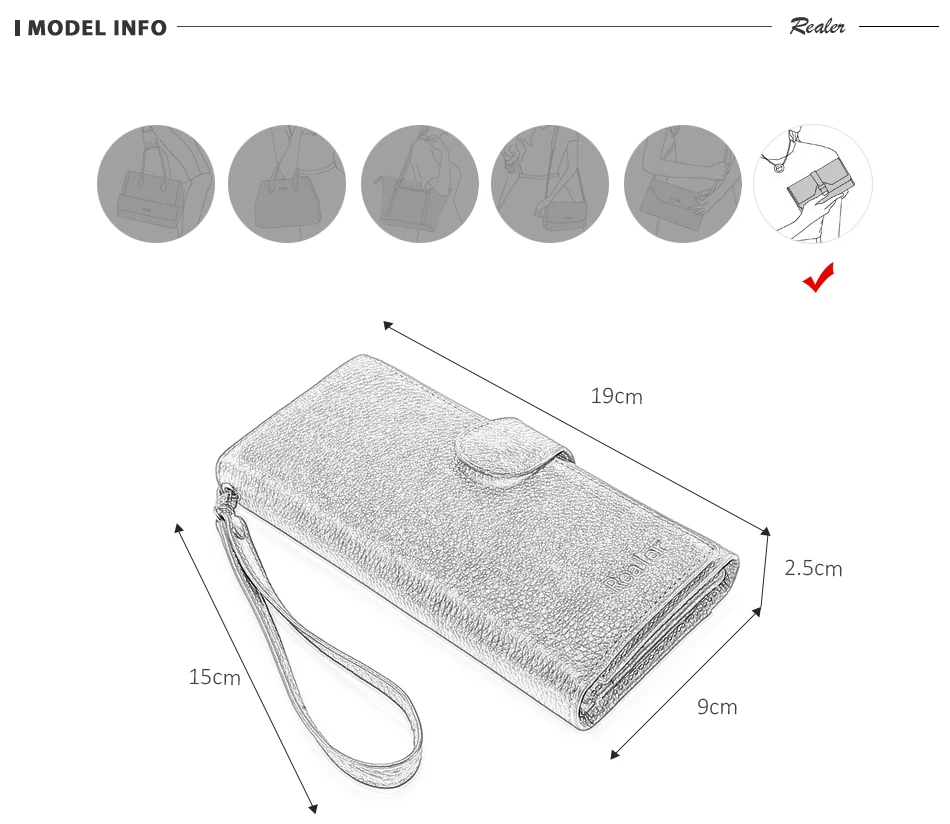 Женский кошелек REALER, Длинный кошелек из натуральной кожи, Женский кошелек с ремешком на руку, карман для телефона, на молнии, карман для монет, для кредитных карт