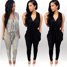 size S-XL Black Gray Backless Pocket Design Harem Jumpsuit Casual Deep V-Neck Sexy Summer Rompers Womens Jumpsuit for Women