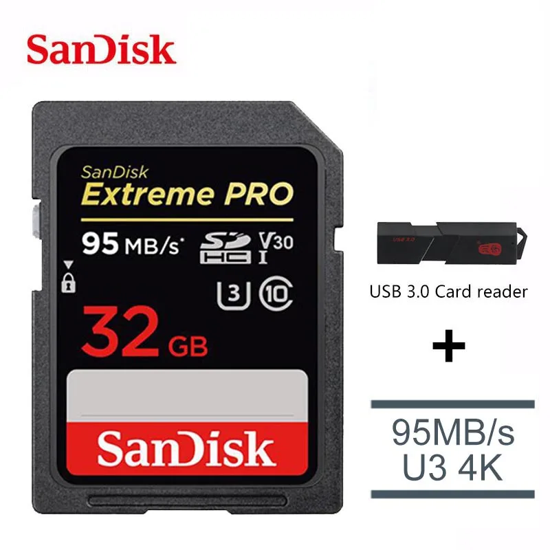 Карта памяти SanDisk Extreme PRO 128G SDHC SDXC UHS-I 32 ГБ, карта памяти 64 Гб C10 95 м/с U3 V30 256 ГБ, картао-де-Мемория с кардридером - Емкость: 32GB-307