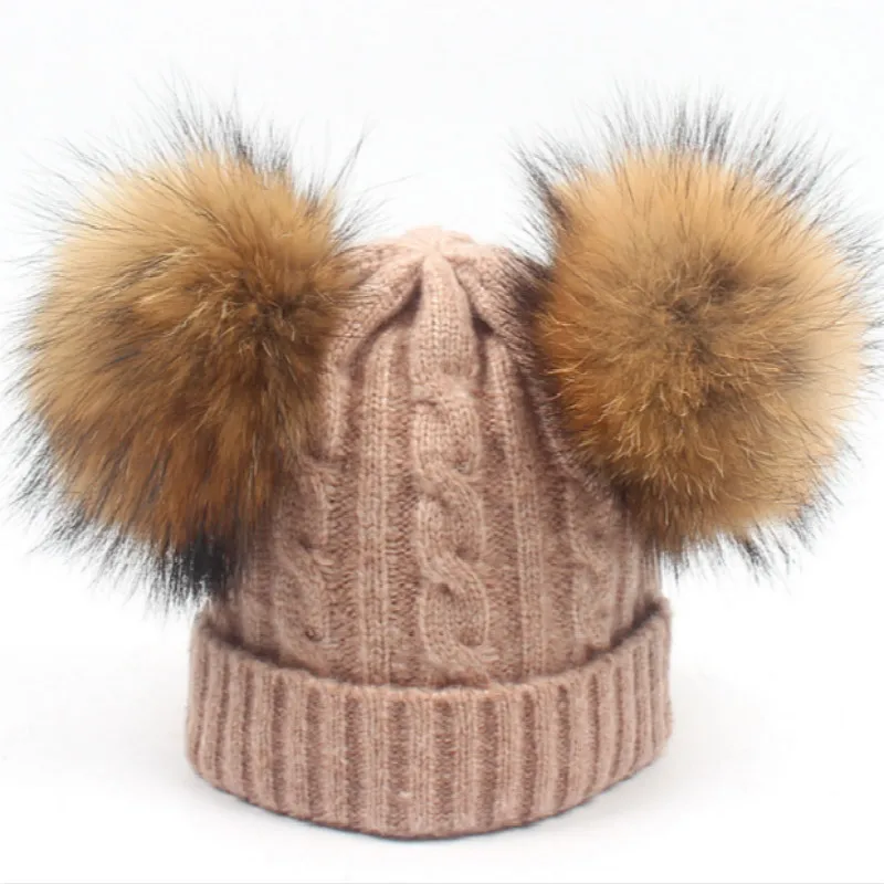 Модный комплект из натуральной шерсти, веревочная вязаная Шапочка, шарф для детей, теплая шерстяная шапка, помпон из меха енота, зимний шарф - Цвет: pink hat