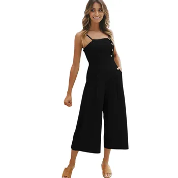 

New Hot Summer Casual Loose Solid Button Jumpsuit Fashion Ladies Long Pant Solid Jumpsuit