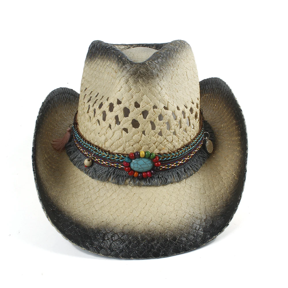 Handmade Weave Straw Women Men Hollow Western Cowboy Hat Lady Dad Sombrero Hombre Cowgirl Jazz Caps Bull Head Band Size 56-58CM