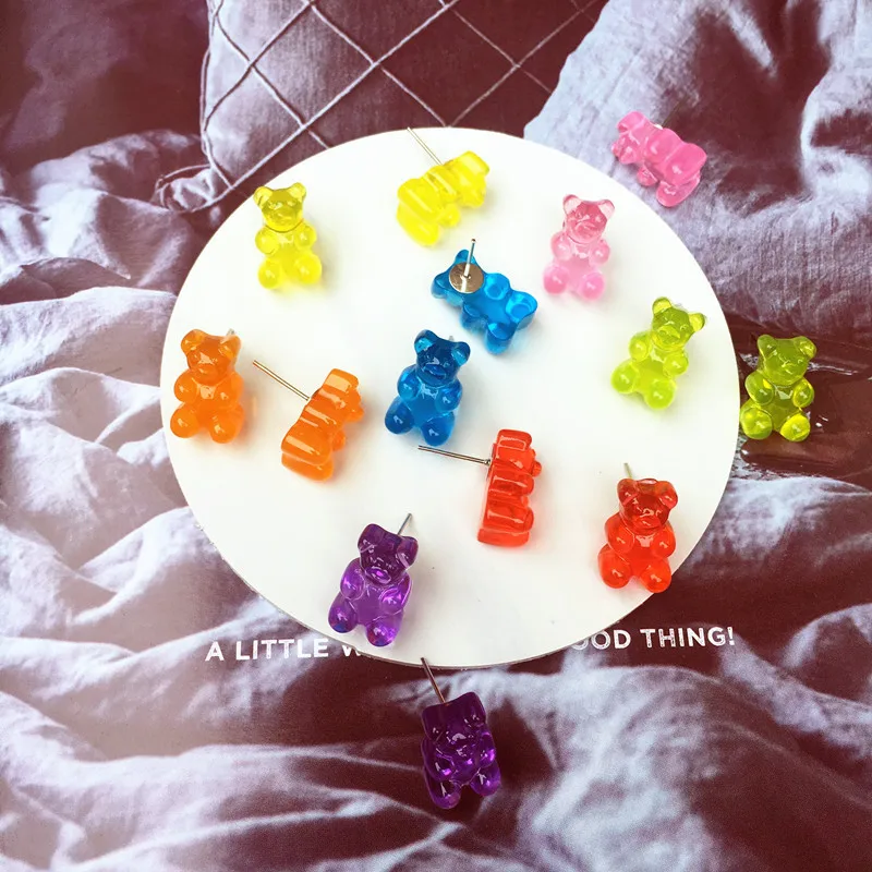 

Ins Style Cartoon Bear Earrings Lovely Handmade Colorful Resin Candy Color Animal Stud Earring For friend Daily Funny Jewelry