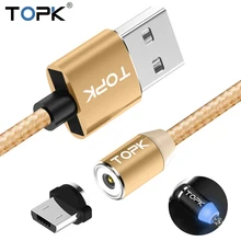 Магнитный кабель TOPK R-Line2, 1 м и 2 м, кабель Micro USB, светодиодный, индикатор, нейлоновая оплетка, Магнитный зарядный кабель для samsung S7 Edge