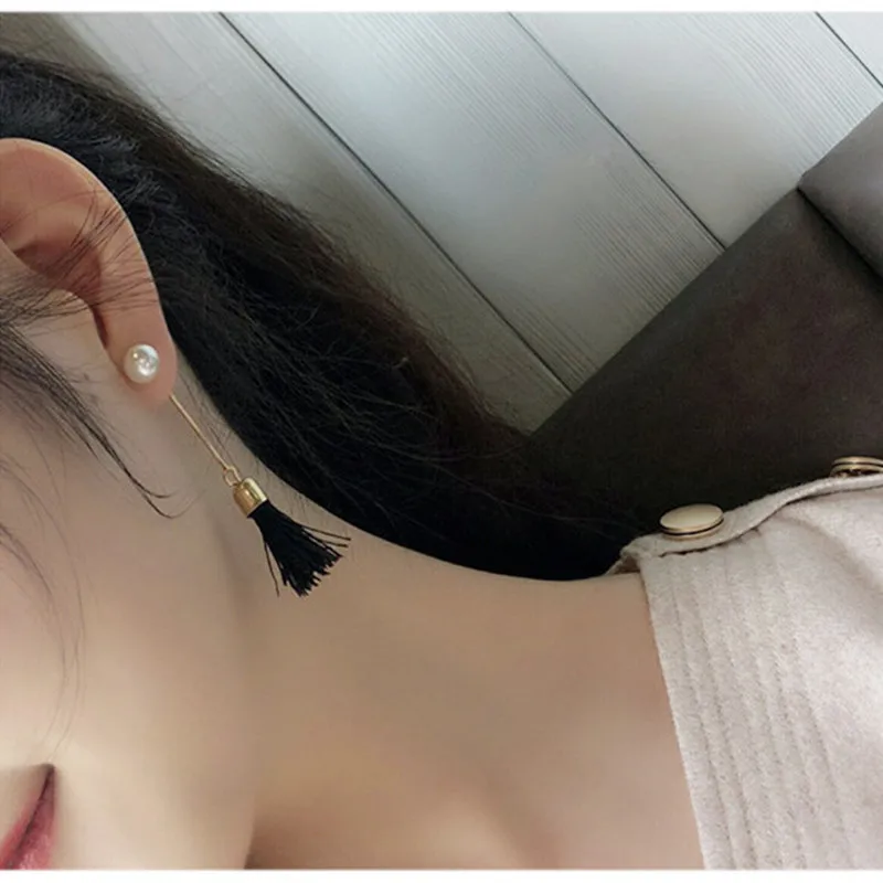 

E037 Korean Style Pearl Long Tassel Earrings For Women Fashion Jewelry 2017 Hot Sale Black White 2 Colors Dangle Drop Earrings