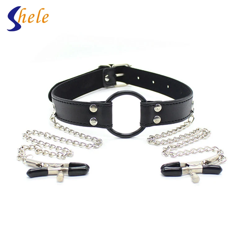 Black Pu Leather Silicone Open Mouth Gag Nipple Clamp O Ring Gag Head 