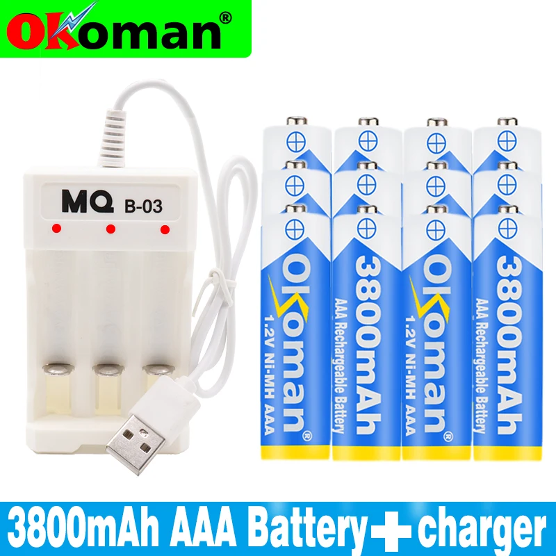 

4-20PCS 1.2V 3800mAh NI-MH AAA Pre-Charged Ni-MH Rechargeable aaa Battery For Toys Camera Microphone Batteries + Charger