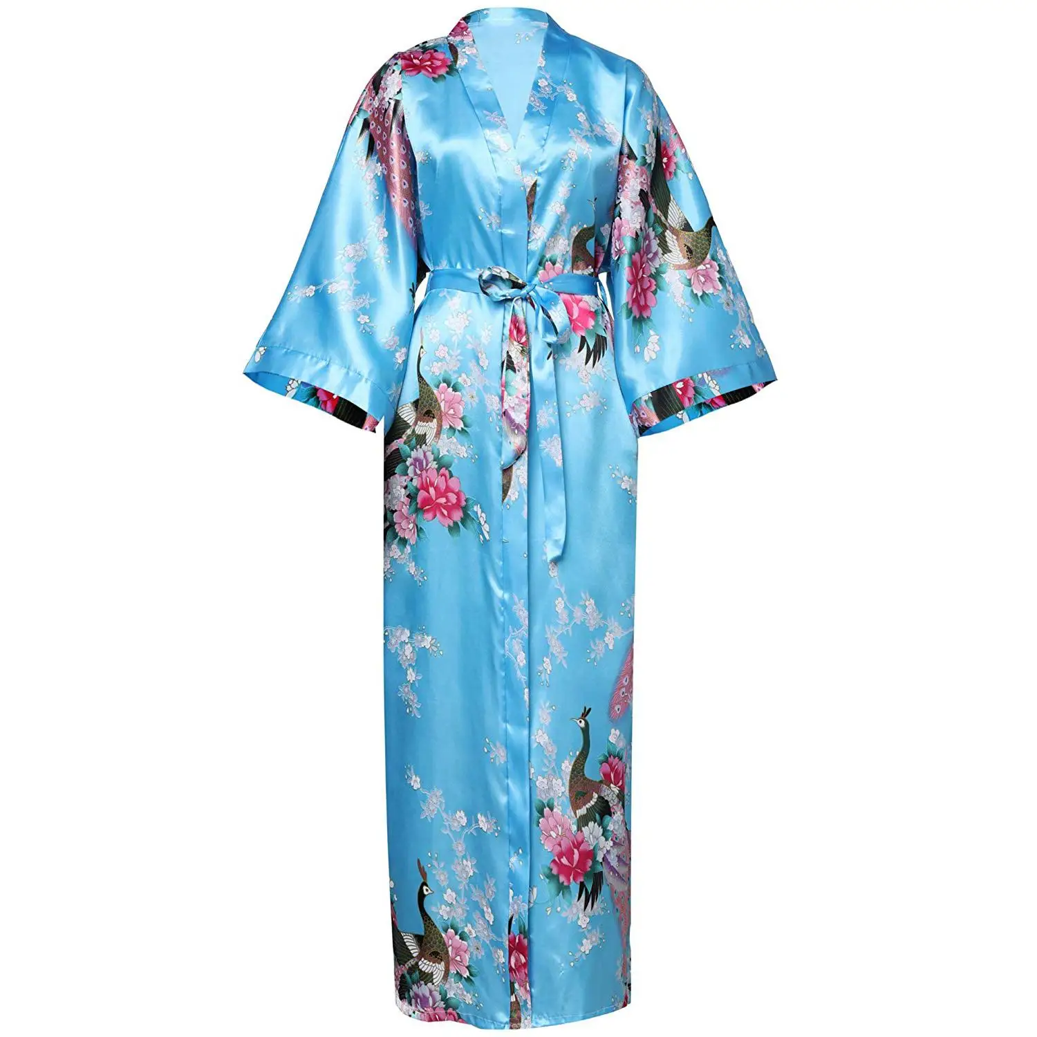 Серый женский длинный халат с принтом, цветочный и Павлин, платье невесты, платье подружки невесты, Пижамный костюм из вискозы, кимоно для отдыха, халат, свадебный подарок - Цвет: Sky Blue
