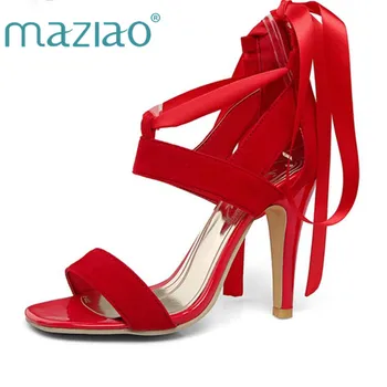 

MAZIAO Women Shoes Sandals 2017 Summer Cross Tied High Heel Sandals Gladiator Women Sexy Party Heels Blue Red Large Size 31 45