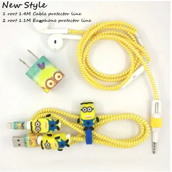 

1.1M&1.4M Cute Cartoon USB Cable Earphone Protector Set With Cable Winder Stickers Spiral Cord Protector For iphone 5 6 6s 7plus