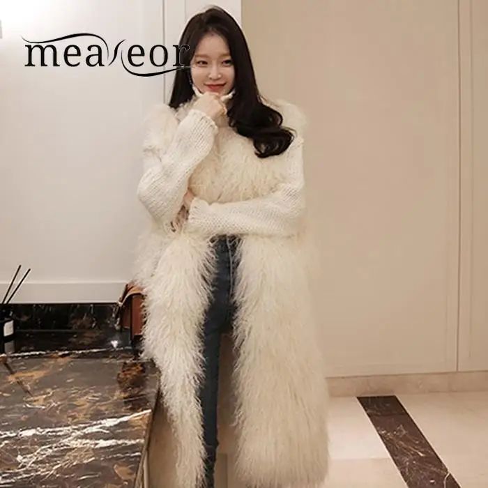 Meaneor Winter Warm Women Coats Casual Faux Fur Vest Sleeveless Cardigan Thick Winter Coat Solid Asymmetrical Overcoat Vests - Цвет: White