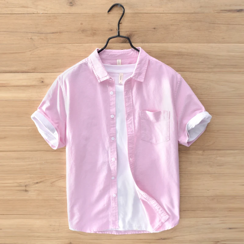 Летние модные мужские рубашки с короткими рукавами и лацканами 100% хлопок Повседневная рубашка Мужчины Розовый цвет Британский стиль