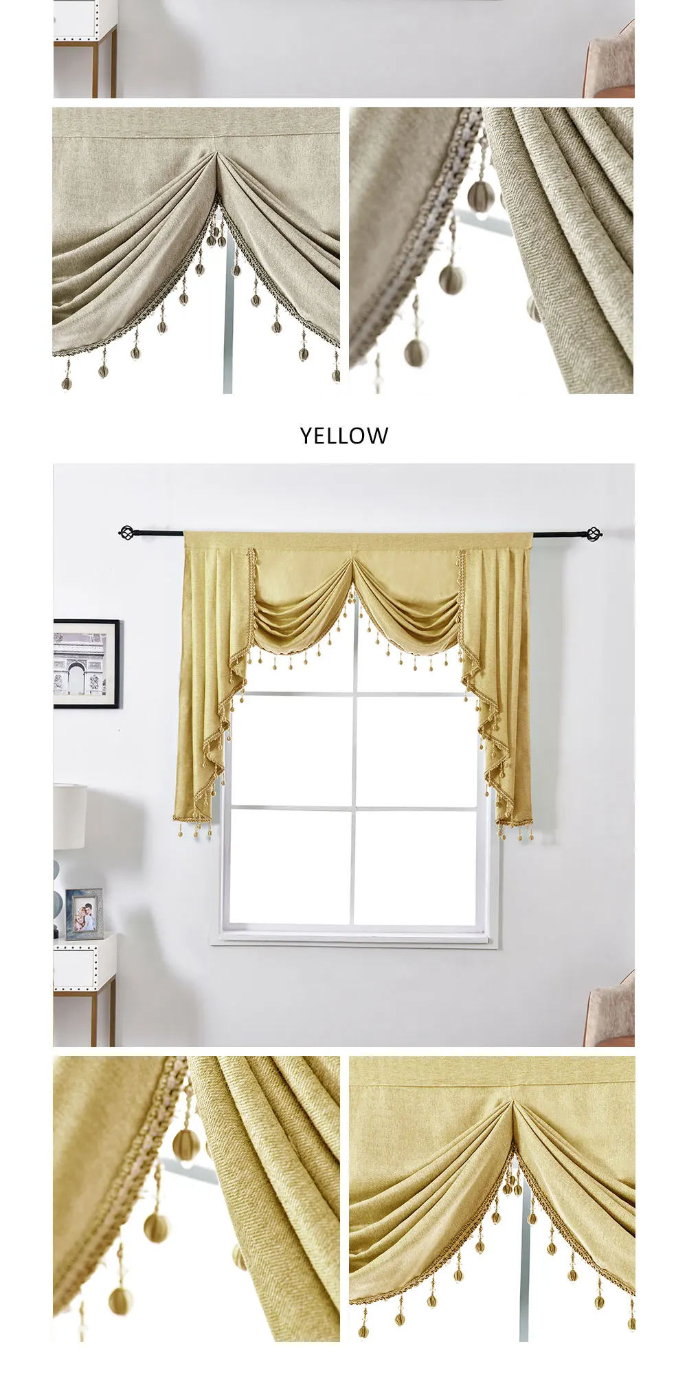 LOZUJOJU European Short Curtain Solid Color Valance Rustic Home Decor Drops for Bedroom Windows Thread Fabric Beads Match Luxury (3)