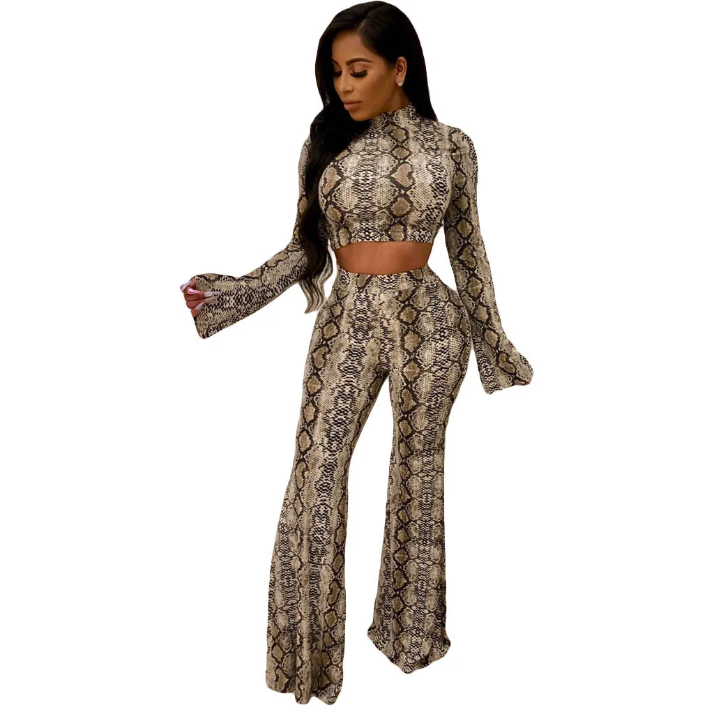 

Spring Autumn Women Two Piece Set Top and Pants Snake Heart Print Sexy Long Sleeve Short T Shirt Long Wide Leg Pants Tracksuit