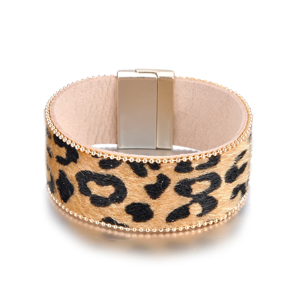 Lokaer Лидер продаж модный кожаный браслет из конского волоса Леопардовый принт магнитная пряжка для женщин подарок WRBR015 - Окраска металла: Champagne