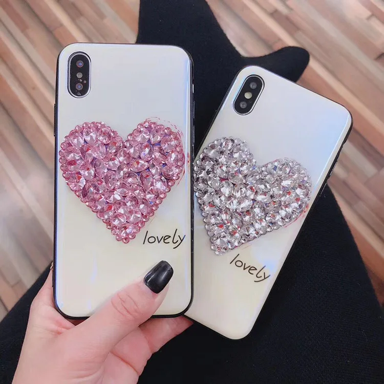 

Kuutti Squishy Women Luxury DIY Handmade Pink Rhinestone Shinning Heart Mobile Phone Case for iPhone 6 6s 7 8 Plus X Phone Cover