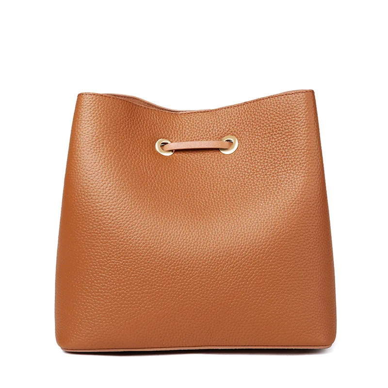 Simple lychee pattern First layer cowhide women's bucket bag draw belt buckle open and close crossbody bags for women bag