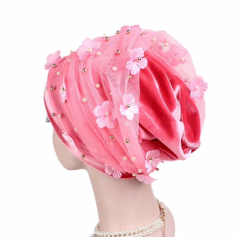 RUNMEIFA Дизайн мусульманский Skullies& Beanies бархатный шарф шапка для женщин роскошный бренд цветок жемчуг головной платок африканская оберточная шапка
