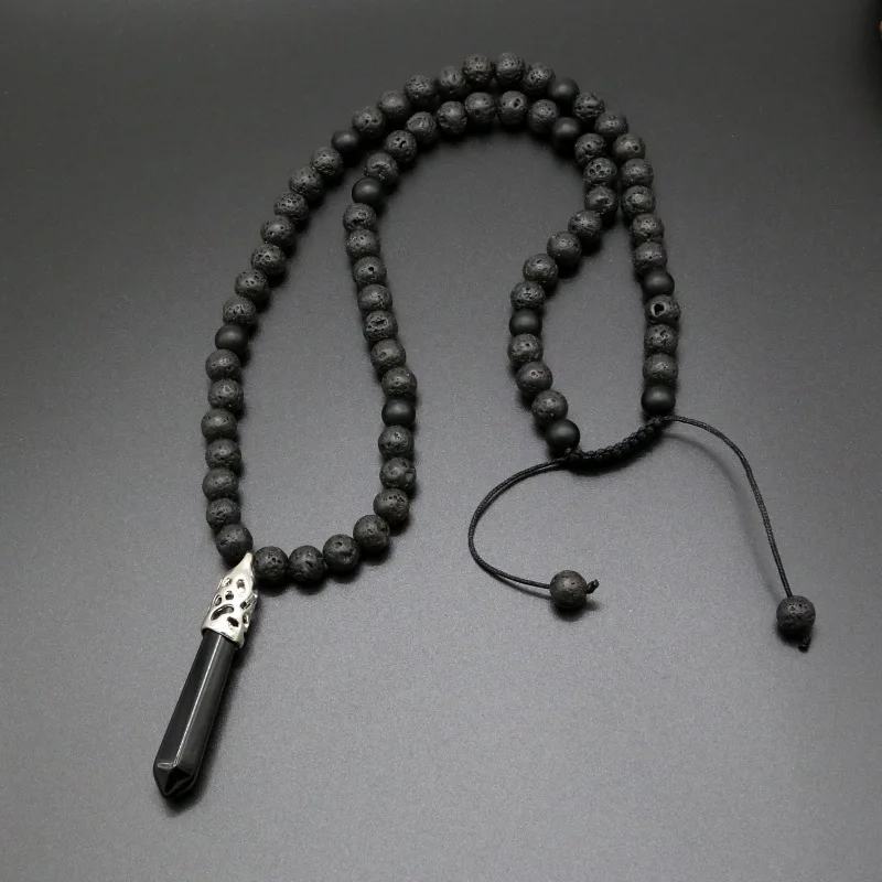 

Handmade 8mm Natural Volcanic Rock Necklace Woven Black Bead Pendant Jewellery Women Men
