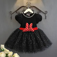 Черное платье с короткими рукавами для девочек; блестящее детское платье с Минни Маус; вечерние платья для девочек; ; DR022