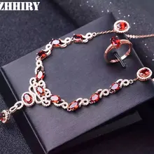 ZHHIRY натуральный гранатовый камень комплект ювелирных изделий из натуральной 925 пробы Серебряное ожерелье Кулон Кольцо Серьги женские наборы