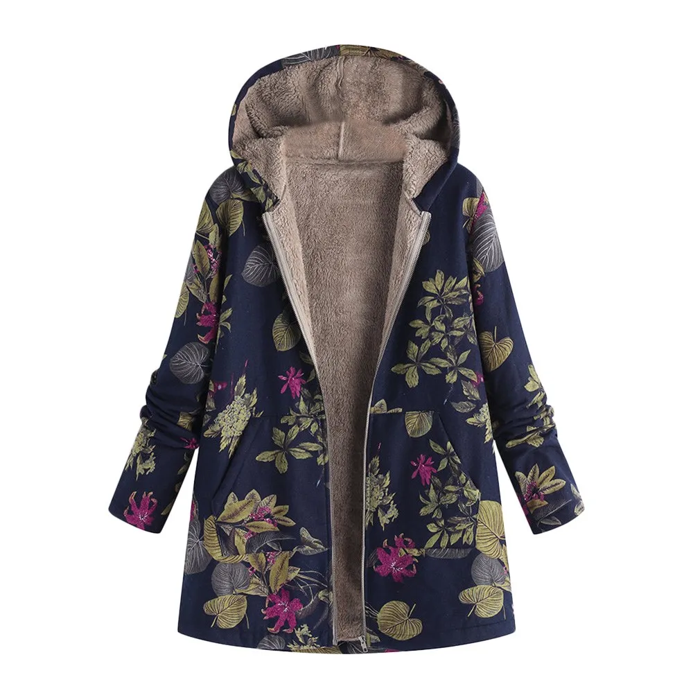 Plus Size Wool Winter Coat Women Warm Outwear Floral Print Hooded Pockets Vintage Oversize Coats Woman Winter  Blend Coat 3.25