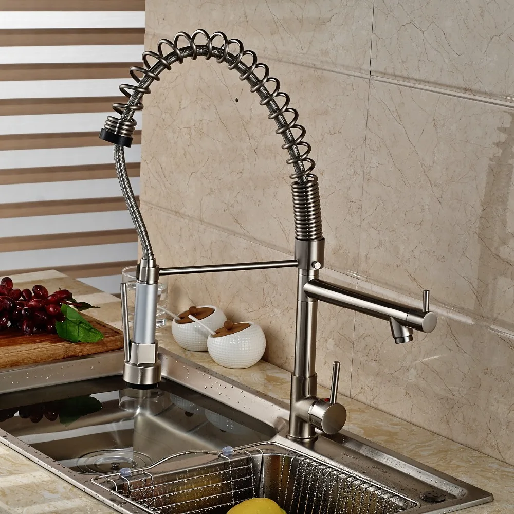 Brushed Nickle Kitchen Faucet Pull Out Sprayer Tap Single Handle Mixer Faucet