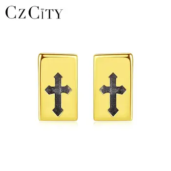 

CZCITY Brand Pure Gold 14k Square Cross Stud Earrings for Women Dating Party Yellow Gold Jewelry Brincos De Ouro Pur Gift E14126