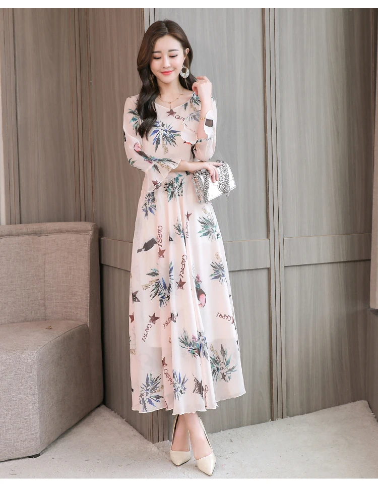 High quality Autumn New Arrival Plus Size S-XXXL Fashion V Collar Flare Sleeve Flower Printed Woman Long Chiffon Dress