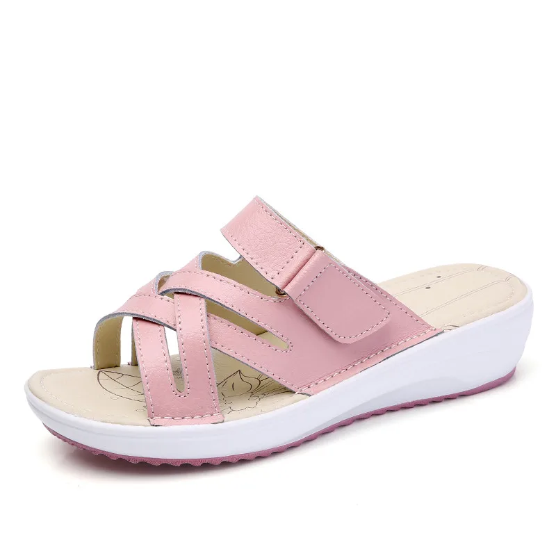 PINSEN/ г., летние женские сандалии на плоской подошве Удобные Пляжные сандалии из натуральной кожи с круглым носком женские сандалии, женская обувь - Цвет: Розовый