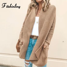 Fitshinling Мода зимний Кардиган Женская куртка Верхняя одежда с карманами вязаный свитер Длинные кардиганы Женская одежда хаки Новинка