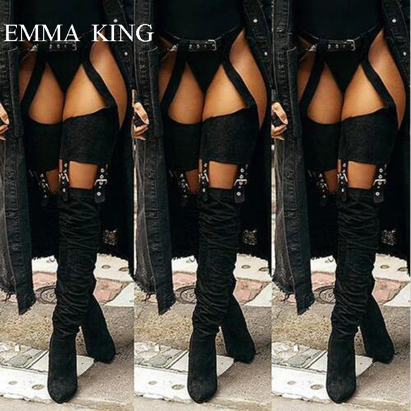 

Hot Selling Sexy Flock Waist Strap Garter Belt Over the Knee Boots Winter Shoes Women Square High Heels Red Yellow Black Shoes