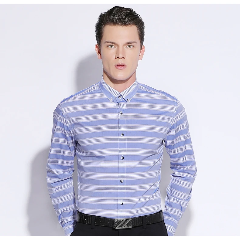 Хлопок Весна дизайн формальные мужские платья рубашки синий/белый толстые горизонтальные полосы элегантные деловые повседневные мужские рубашки