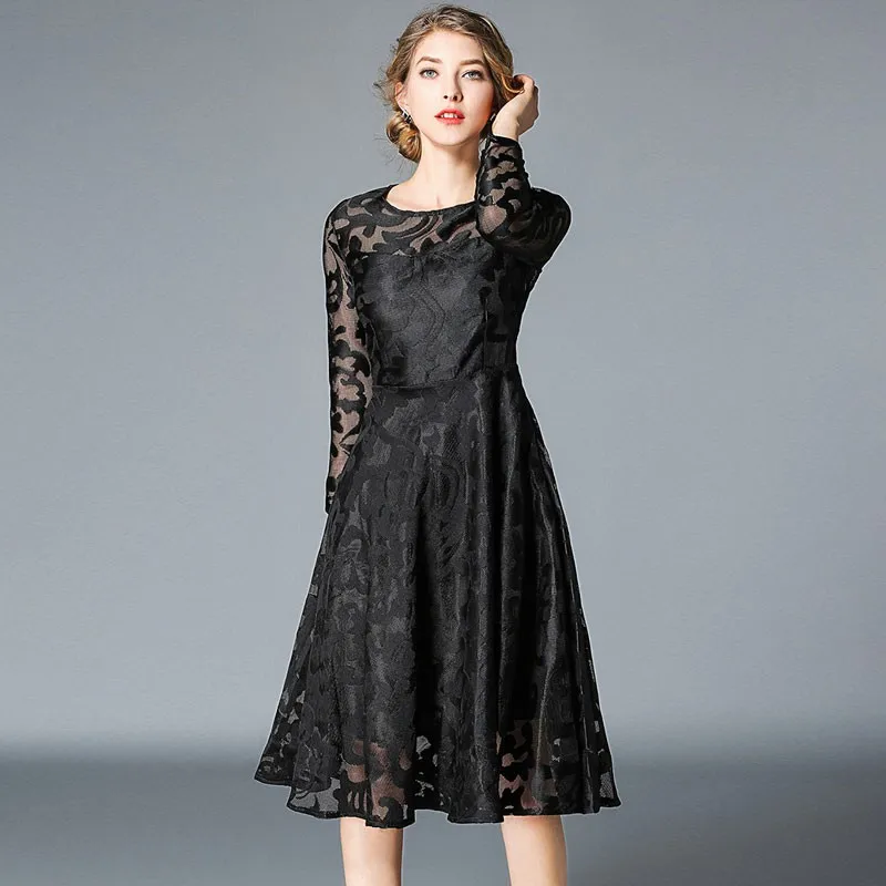 women new fashion designer autumn winter elegant vestidos slim bodycon party casual runway lace long sleeve dresses black blue