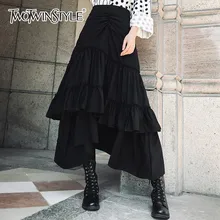 TWOTWINSTYLE Лоскутная юбка русалки с оборками женская черная юбка миди с высокой талией Женская Осенняя Повседневная модная Корейская одежда