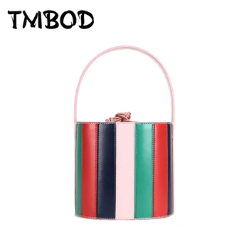 

New 2019 Designer Small Barrel-shaped Bucket Bag Women Split Leather Handbags Ladies Striped Messenger Bags For Female an1303