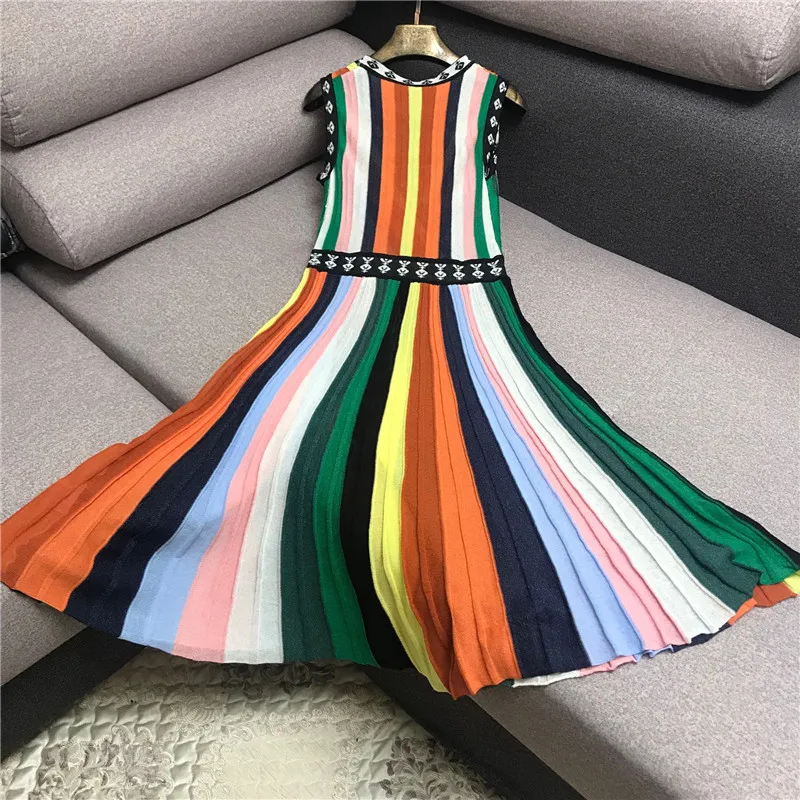 Летнее платье-майка цветов в полоску элегантное приталенное платье с v-образным вырезом и высокой талией трикотажное плиссированное платье