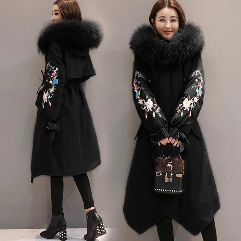 Winter Jacket Women 2018 Large Fur collar Hooded Down Jacket Thick Warm Loose Female Parkas embroidery Women Winter Coat LY1271