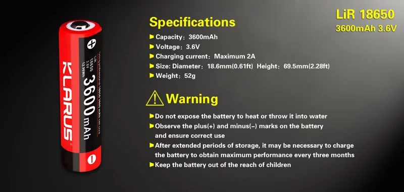 klarus 3600mAh литий-ионная аккумуляторная батарея 18650 для портативного освещения