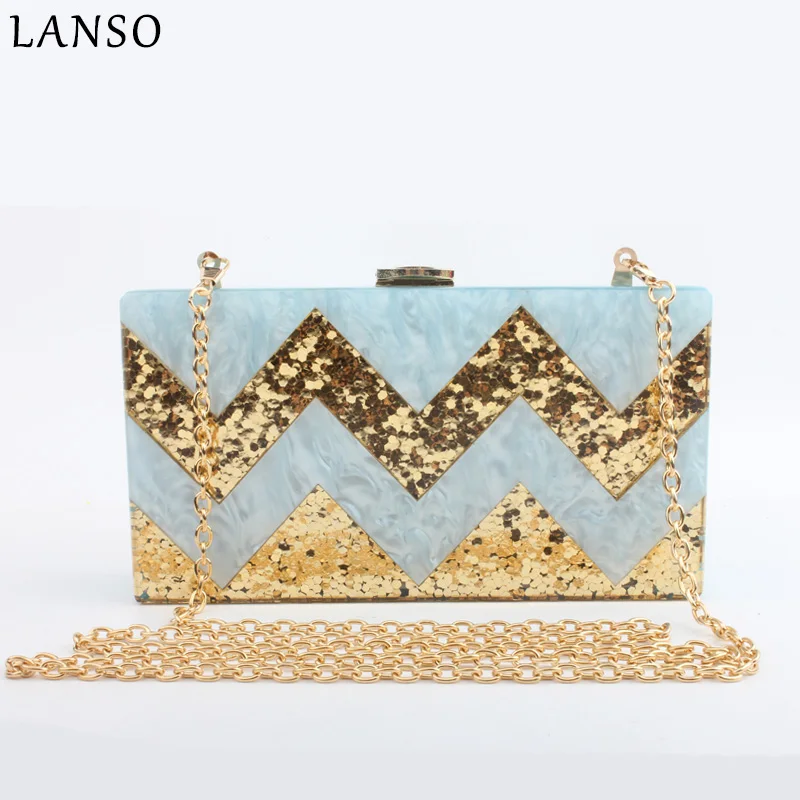 

LNASO Acrylic Handbag W-shaped Stitching Evening Bags Women Casual Sequined Line Stripe Acrylic Unique Chain Clutch Handbags