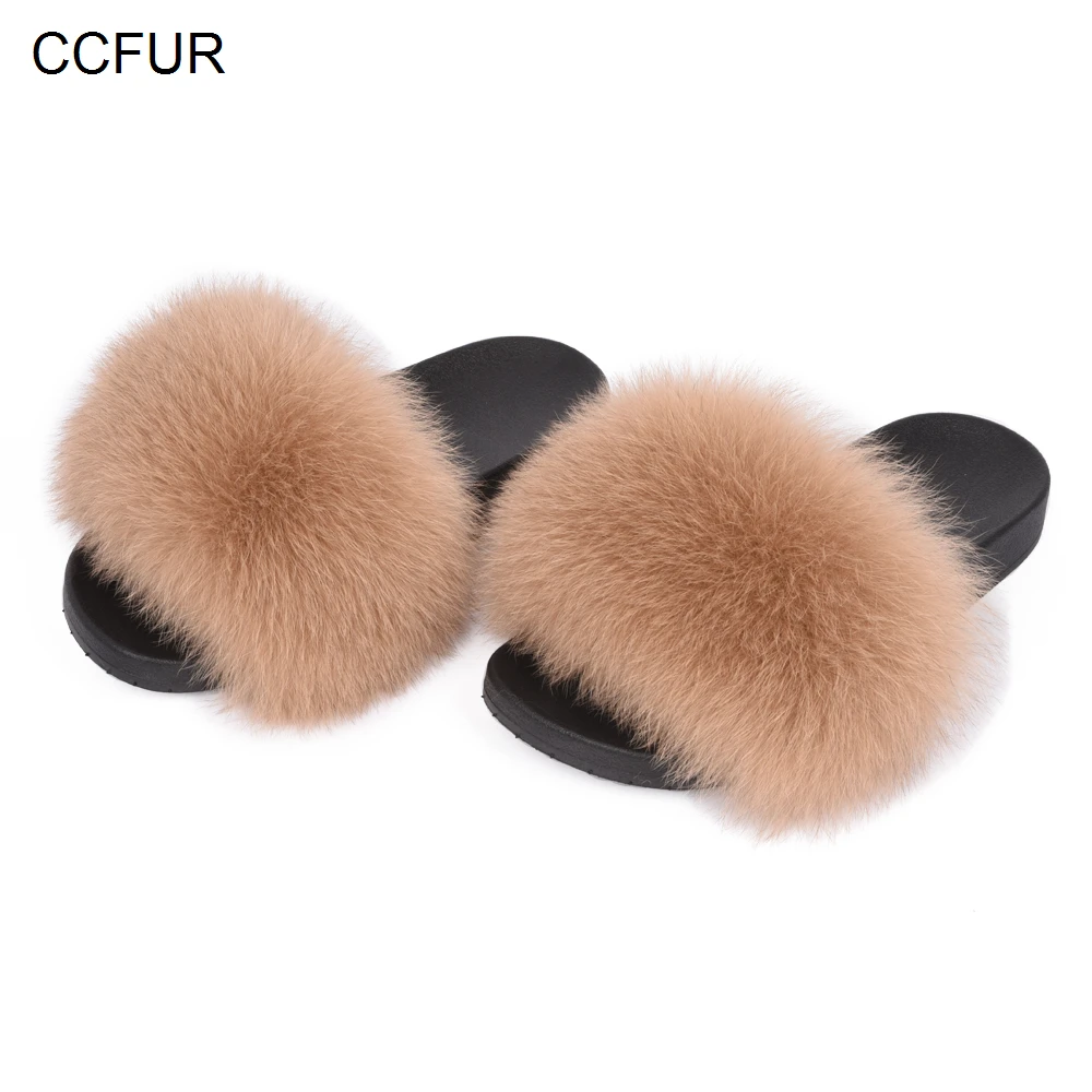 2018 New Fur Slides Women&#39;s Real Fox Fur Slippers Shoes Flip Flops Flat Fluffy Fur Retail ...