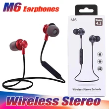 30PCS Lot NEW M6 Wireless Earphones Bluetooth V4 2 Neckband Noise Cancelling with Mic box for