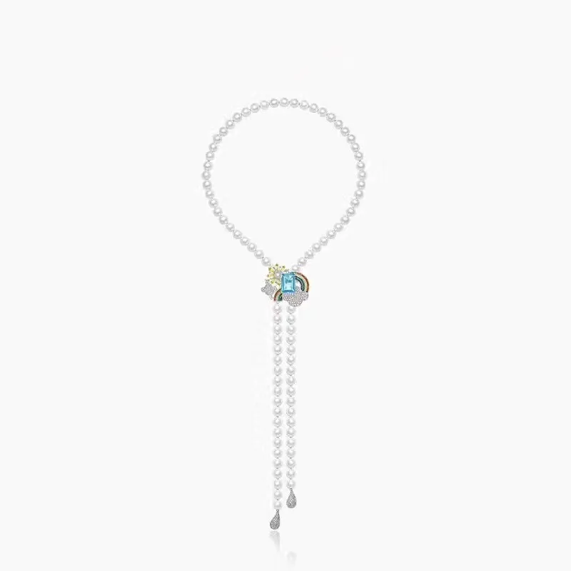 

Fits Monaco Jewelry with Women's Party Jewelry Gift Charm 925 Sterling Silver Zircon Rain Rainbow Weather Pearl Necklace