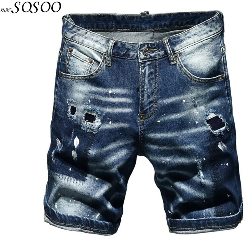Новые летние мужские рваные, Стретч Короткие джинсы брызги чернила Европейское и американское классическое Мужские джинсы# TC056