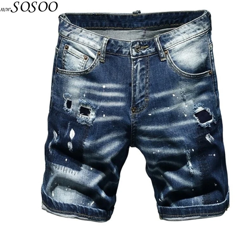 

New Summer Men's Stretch ripped Short Jeans Splash-ink European and American style Classic Men Jeans Pants #TC056