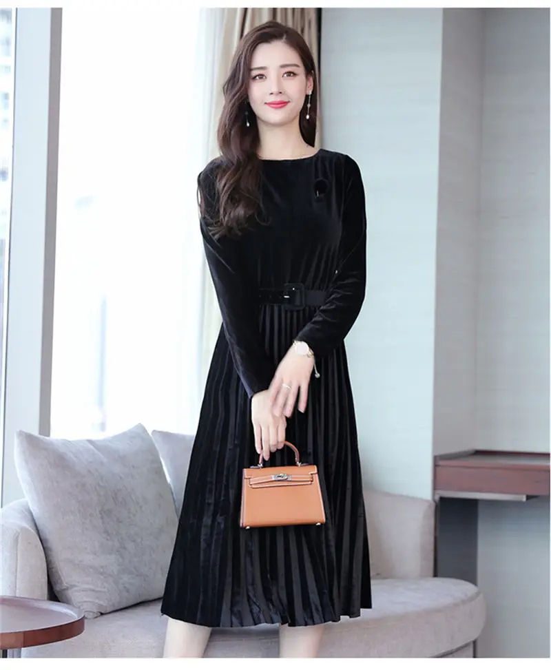 Высококачественное женское осенне-зимнее платье, винтажное однотонное бархатное платье, женские плиссированные платья с длинным рукавом и круглым вырезом, Femme Vestidos - Цвет: Черный