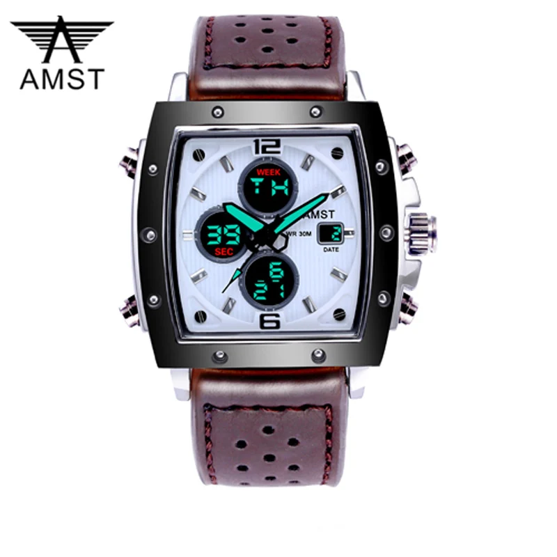 Модные Amst мужские часы Прямоугольные Военные Спортивные кварцевые часы с двойным дисплеем водонепроницаемые мужские наручные часы Relogio Masculino - Цвет: brown white B